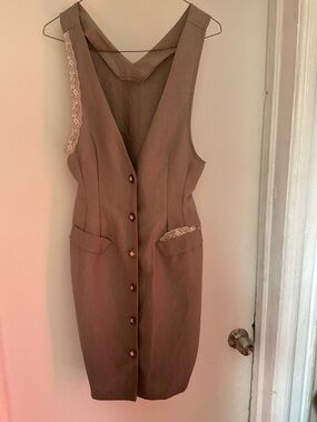 Sleeveless Midi Button-Front Dress in Taupe with Lace Trim